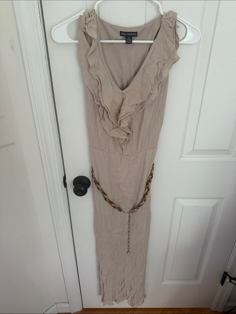 Nina Leonard Ruffle-Front Taupe Maxi Dress